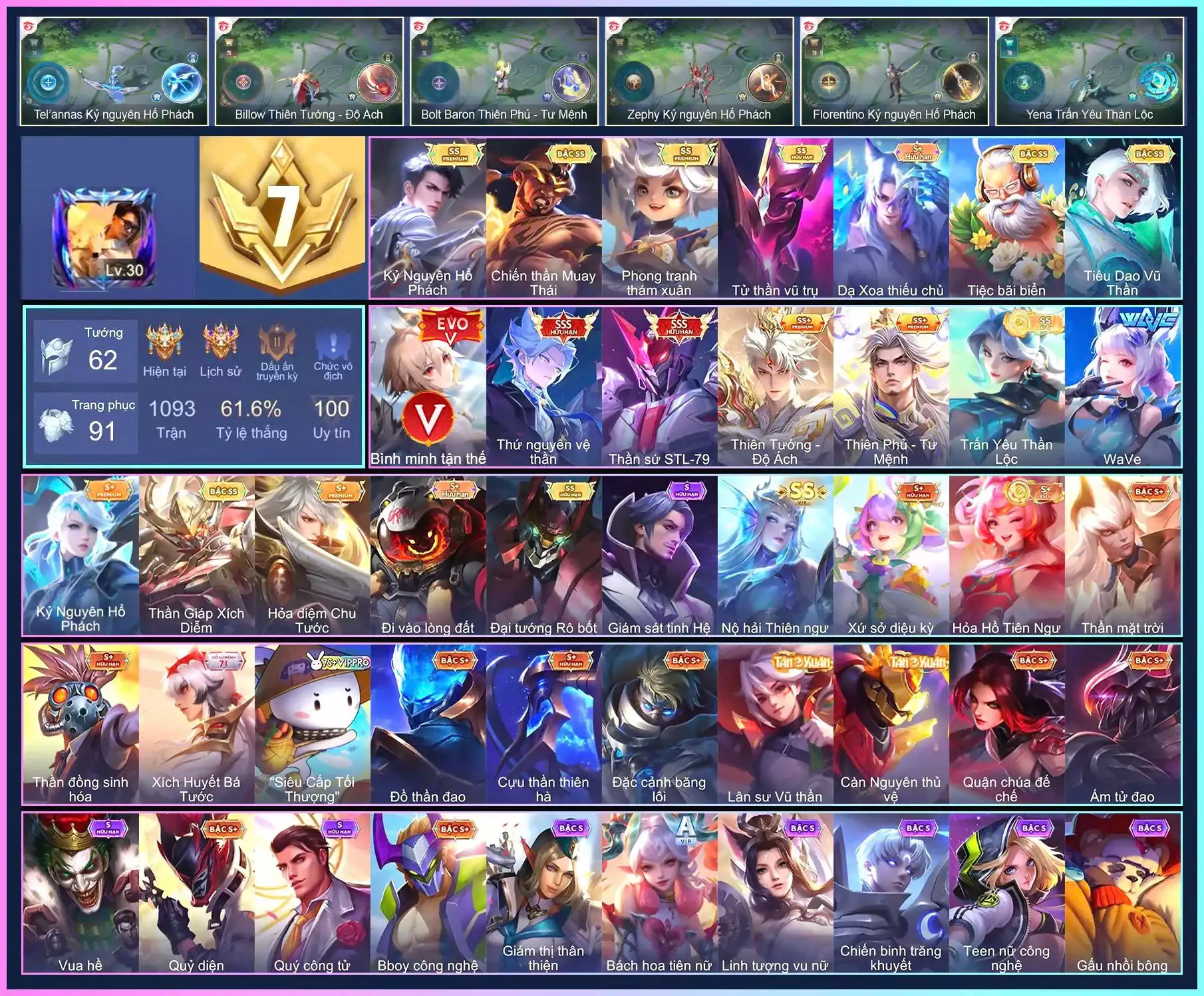 But EVO5, Nakroth thứ nguyên vệ thần, Tulen Thần sứ ST.L-79, Liliana WaVe, Billow Thiên Tướng - Độ Ách, Florentino Kỷ Nguyên Hổ Phách, Bolt Baron Thiên Phủ - Tư Mệnh...