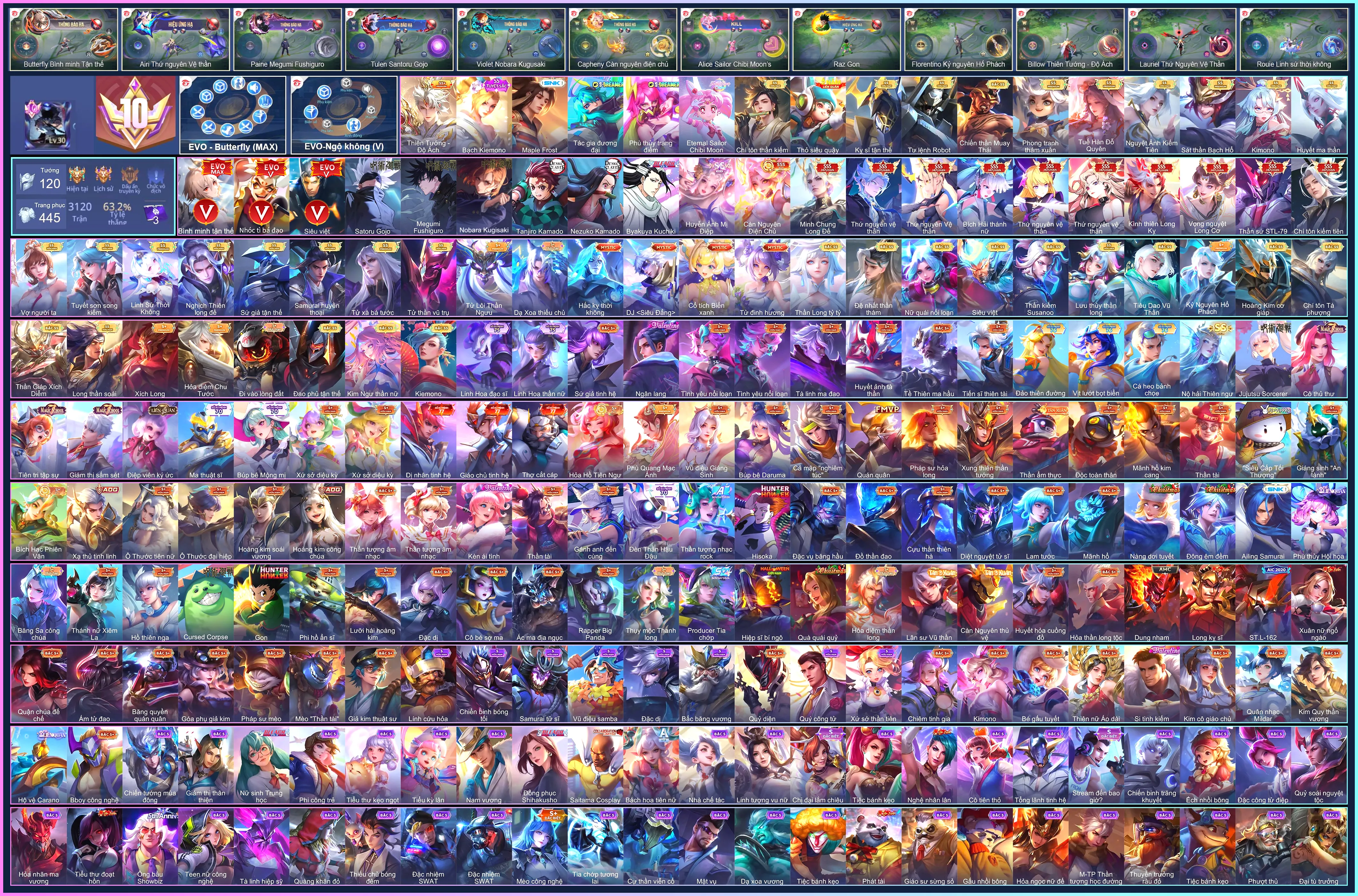 (VIP 10) 11 SKIN SSS, Butter EVO 5 Max, Tulen Satoru Gojo, Paine Megumi Fushiguro, Yan Tanjiro Kamado