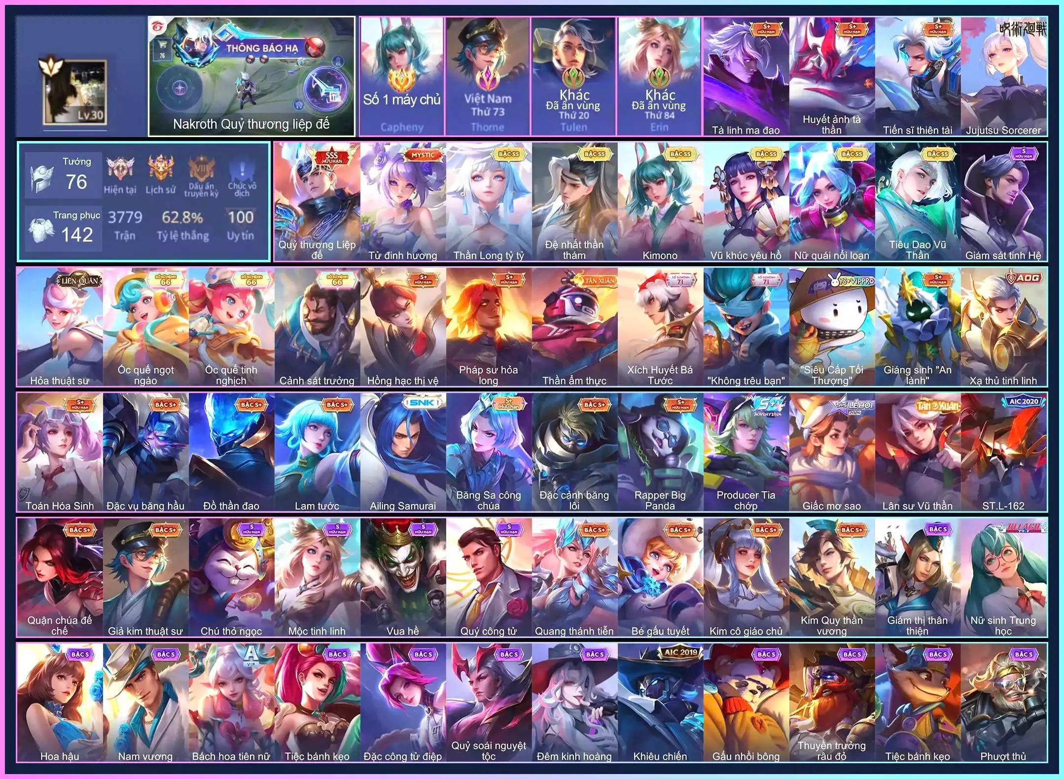 CỤC VÀNG CAPHENY, CỤC TÍM THORNE, Nakroth Quỷ Thương Liệp Đế, Violet Thần long tỷ tỷ, Capheny Kimono, Tulen Tiêu Dao Vũ Thần