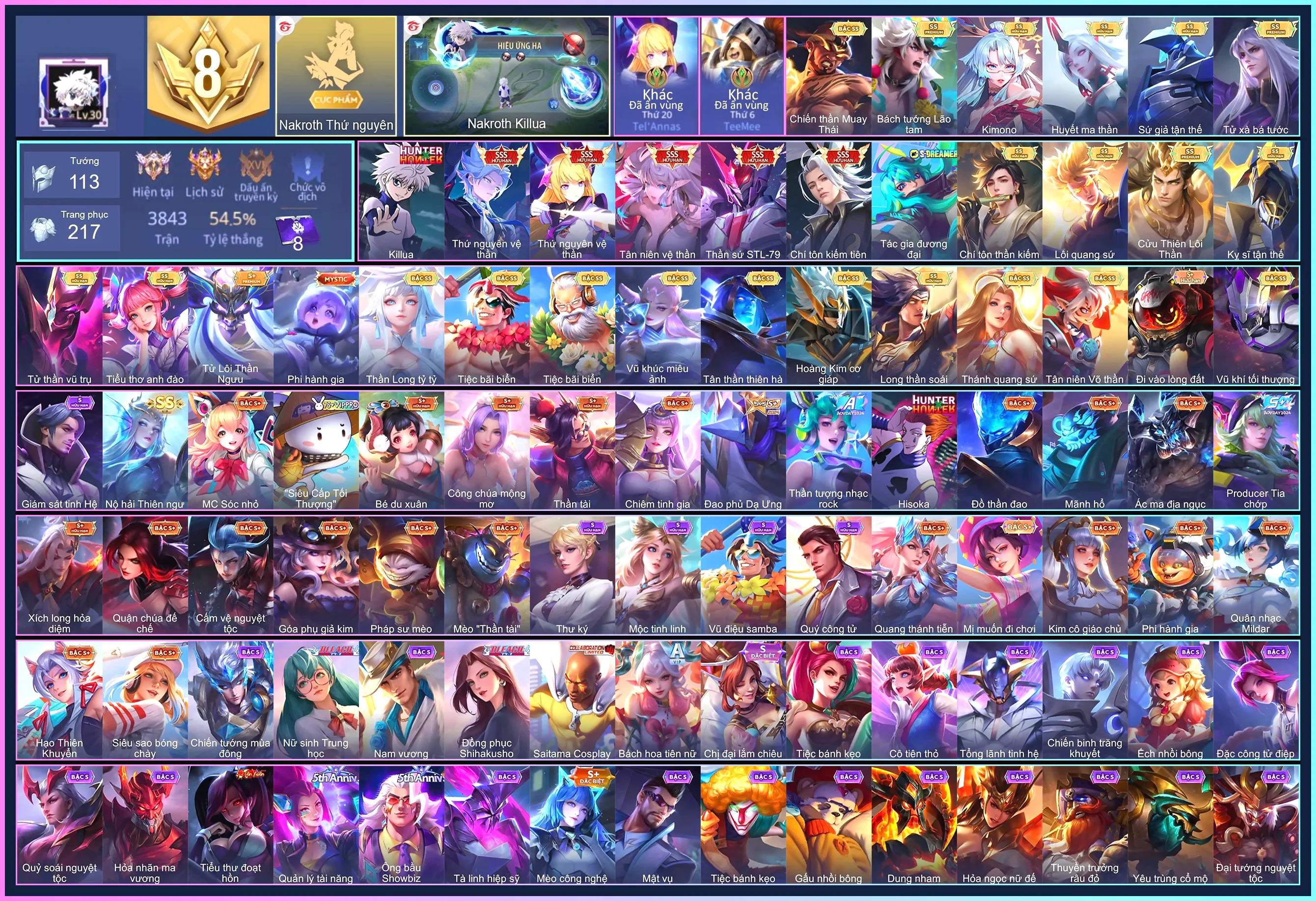 Nakroth Killua, TelAnnas Thứ nguyên vệ thần, TelAnnas Tân niên vệ thần, Nakroth thứ nguyên vệ thần, Tulen Chí tôn kiếm tiên, Tulen Thần sứ ST.L-79