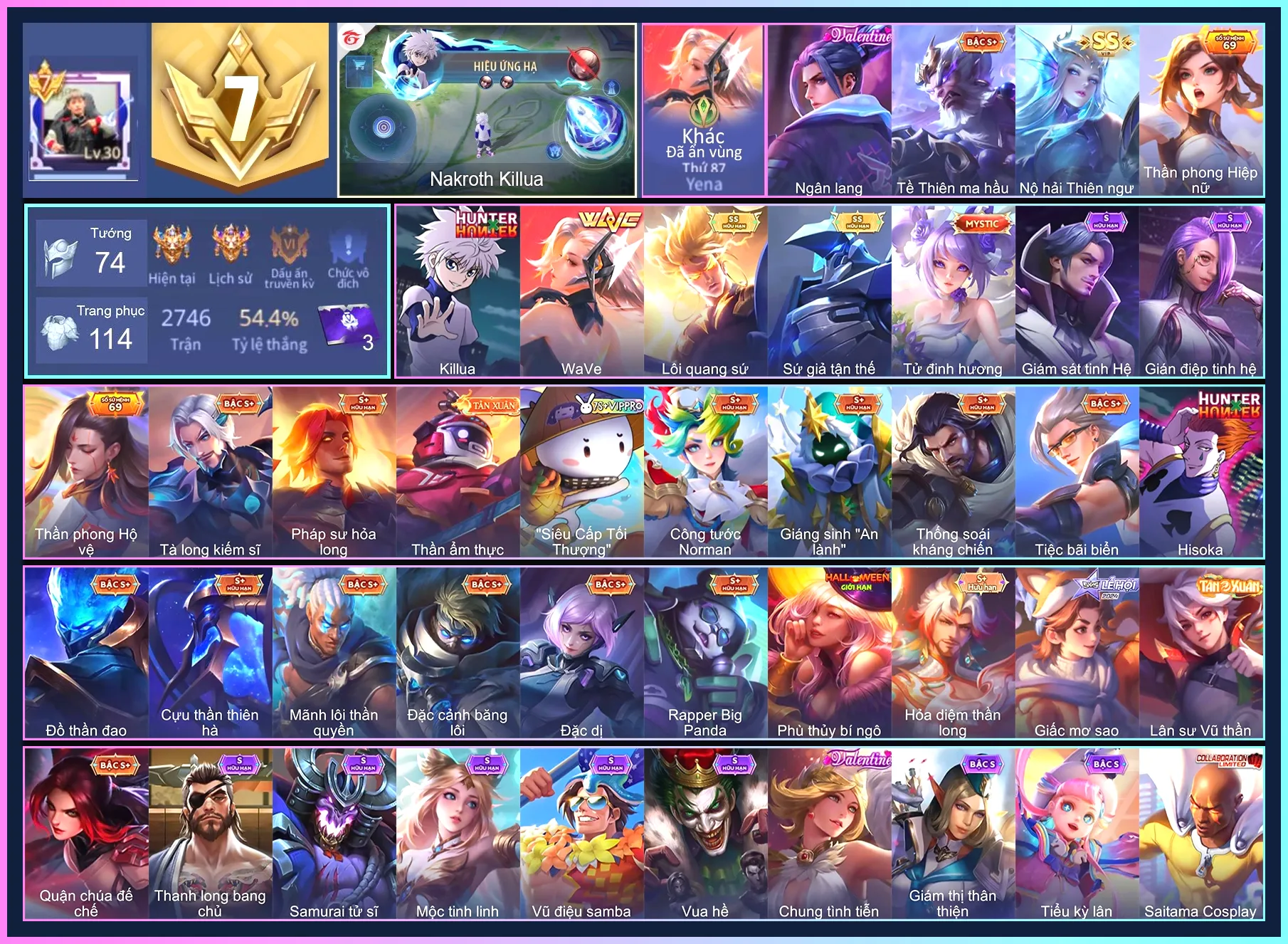 Nakroth Killua, Elsu Sứ giả tận thế, Yena WaVe, Nakroth Lôi Quang Sứ, Florentino Kỷ Nguyên Hổ Phách