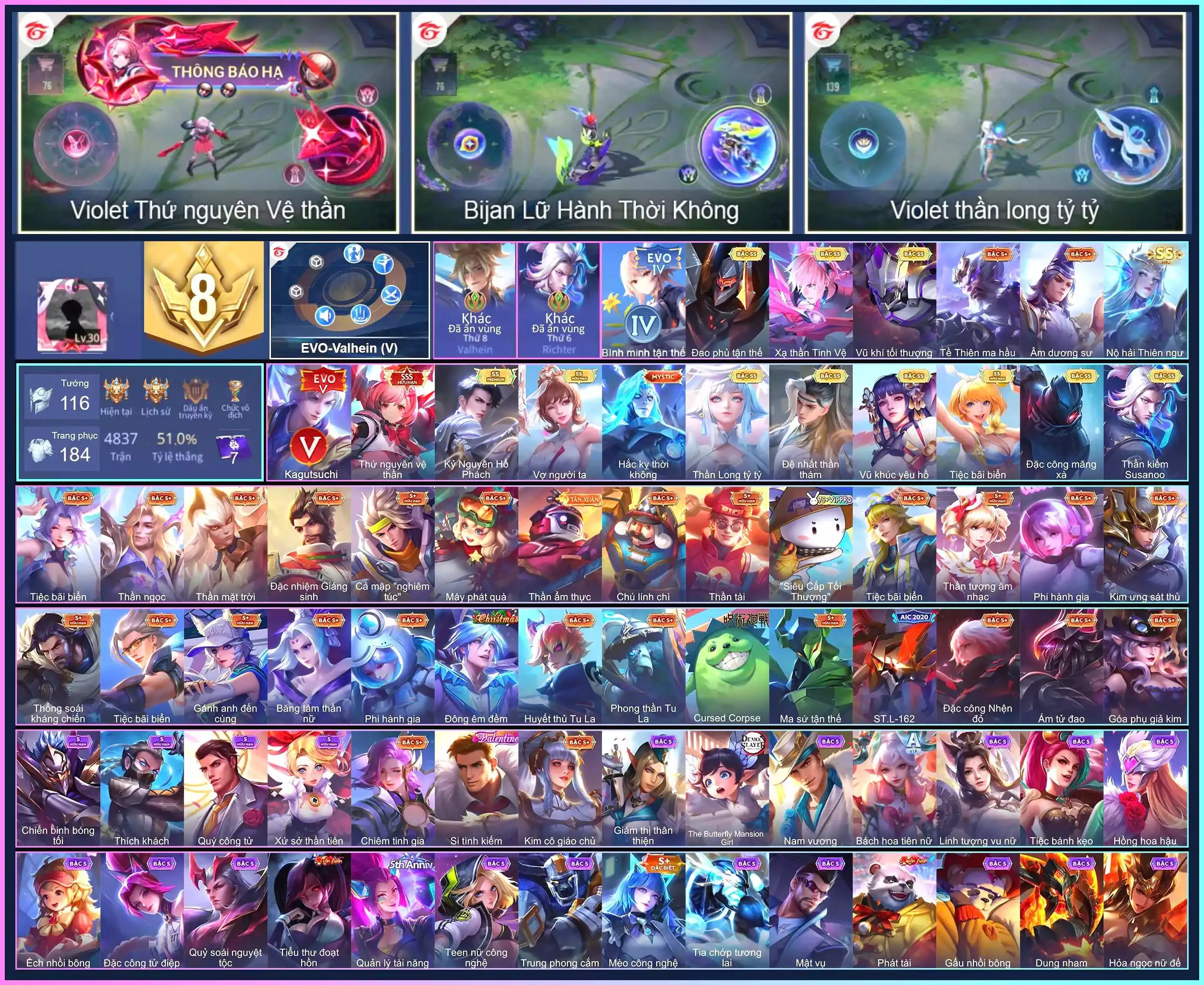 Valhein EVO 5, Butter EVO 4, Violet Thứ nguyên vệ thần, Florentino Kỷ Nguyên Hổ Phách... Trắng thông tin