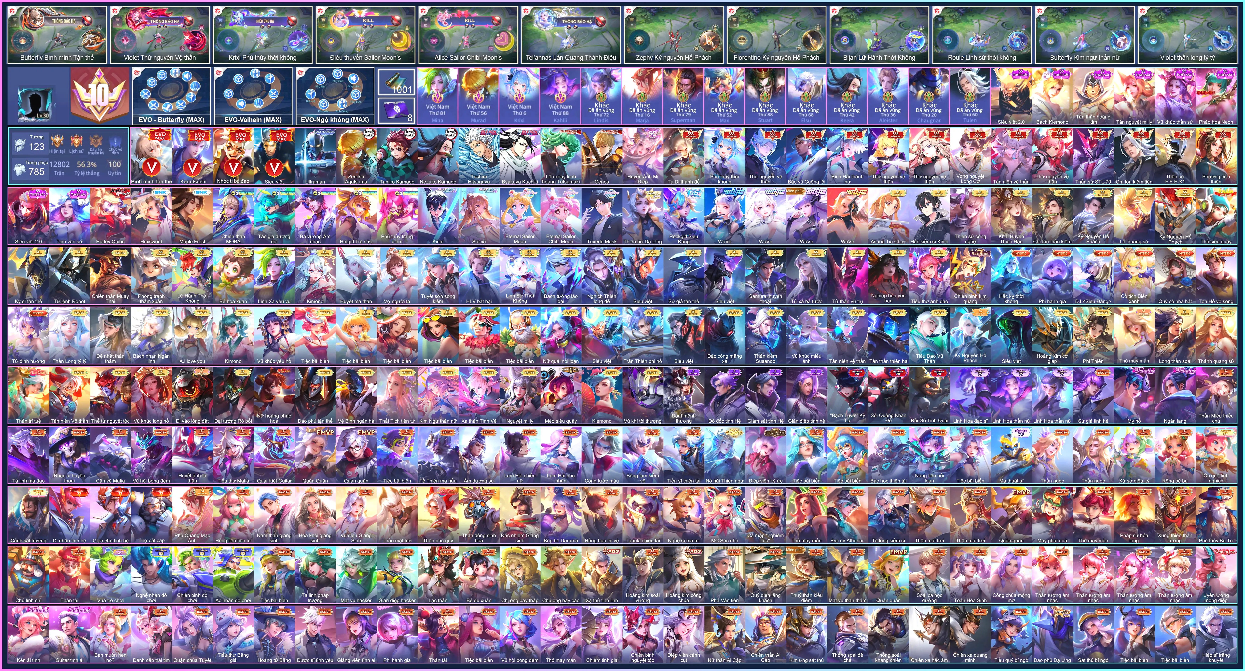 (VIP 10) MÁC THÁCH ĐẤU, 14 SKIN SSS, Butterfly Asuna Tia chớp, Butterfly Stacia, Krixi Lốc Xoáy Kinh Hoàng, Murad Byakuya Kuchiki, Murad Zenitsu Agatsuma, Điêu Thuyền  Eternal Sailor Moon, Errol Genos, Allain Kirito Hắc kiếm sĩ, Allain Kirito, Bright Toshiro Hitsugaya, Yan Tanjiro Kamado...