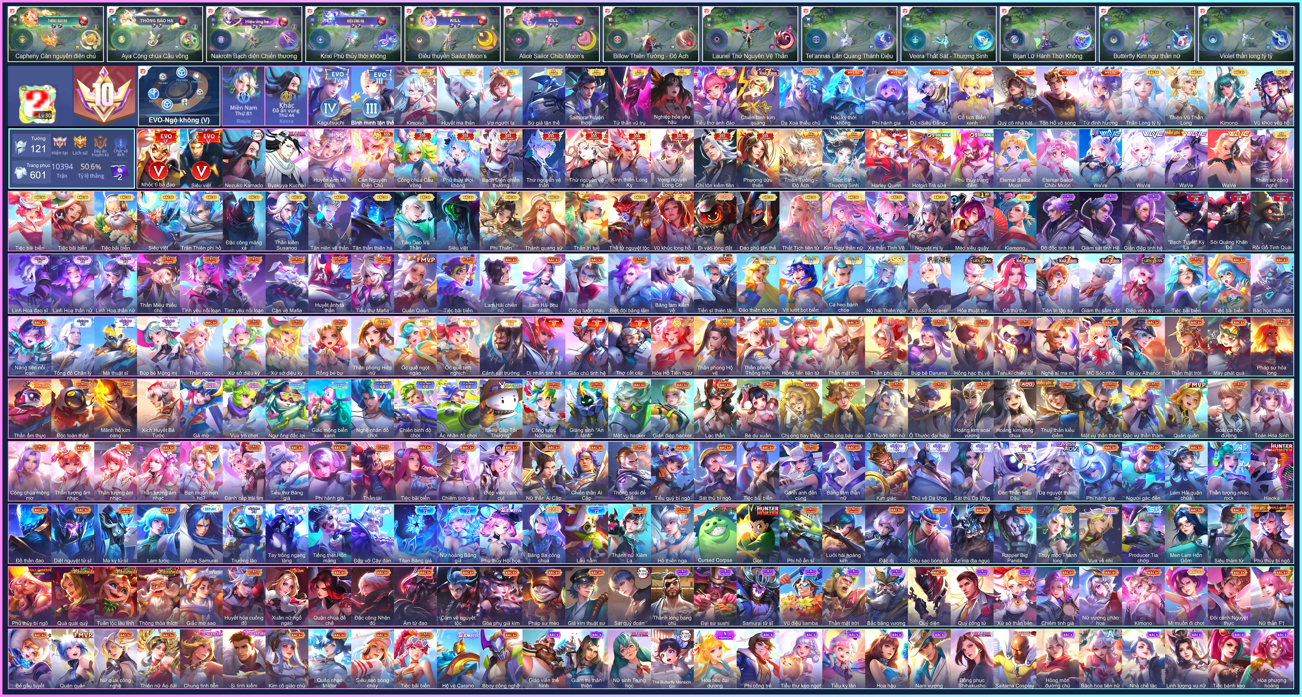 (VIP 10) Điêu Thuyền  Eternal Sailor Moon, Murad Byakuya Kuchiki, Krixi Phù Thuỷ Thời Không, Butterfly Phượng Cửu Thiên, Capheny Càn Nguyên Điện Chủ, Aya Công chúa cầu vồng, Tulen Chí tôn kiếm tiên, Violet Vọng nguyệt Long Cơ, Nakroth thứ nguyên vệ thần, Nakroth Bạch diện chiến thương, Lauriel Thứ nguyên vệ thần, Bijan Kình thiên Long Kỵ...