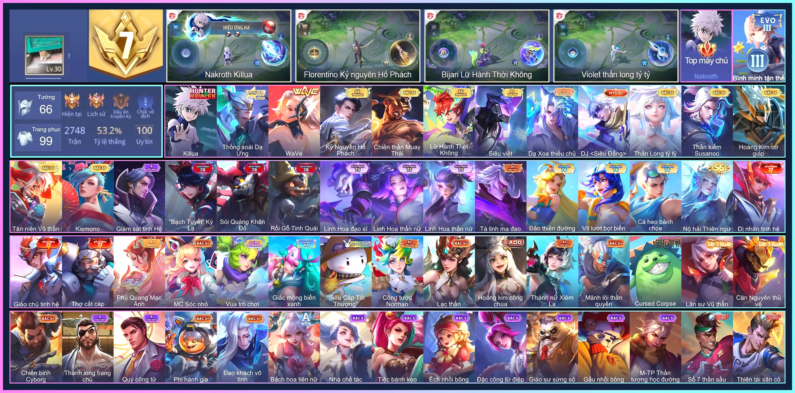 CỤC ĐỎ Nakroth, Nakroth Killua, Florentino Kỷ Nguyên Hổ Phách, Raz Chiến thần Muay Thái, Violet Thần long tỷ tỷ, Airi Kiemono, Bijan Hoàng kim cơ giáp, Bijan Lữ Hành Thời Không...