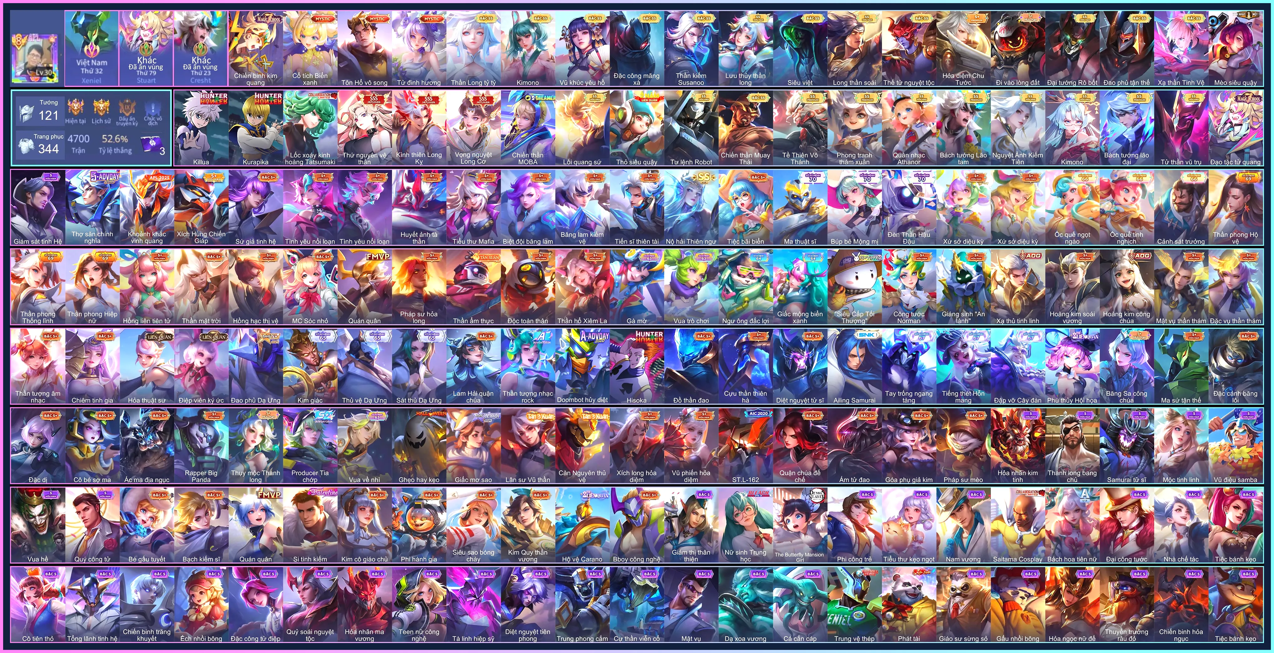 MÁC CHIẾN THẦN, Krixi Lốc Xoáy Kinh Hoàng, Nakroth Killua, Enzo Kurapika, Violet Vọng nguyệt Long Cơ, Lauriel Thứ nguyên vệ thần, Bijan Kình thiên Long Kỵ...