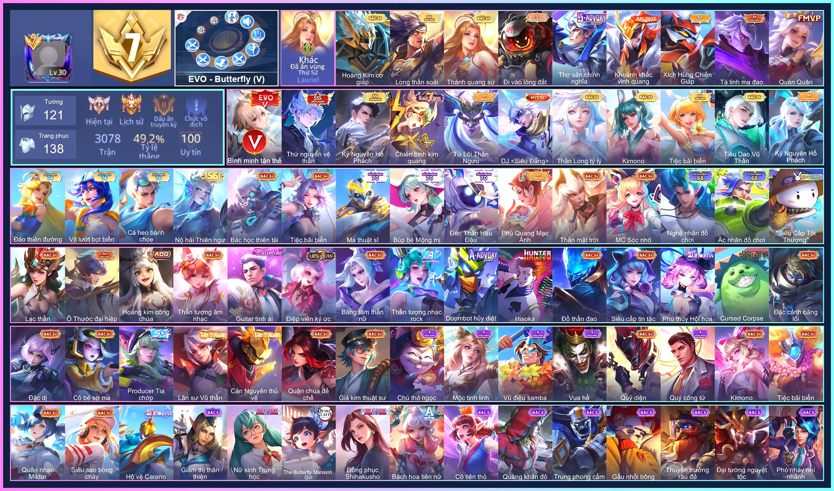 Butter EVO5 Full hiệu ứng không phụ kiện, Nakroth thứ nguyên vệ thần, Florentino Kỷ Nguyên Hổ Phách, Ilumia Nộ hải Thiên ngư...
